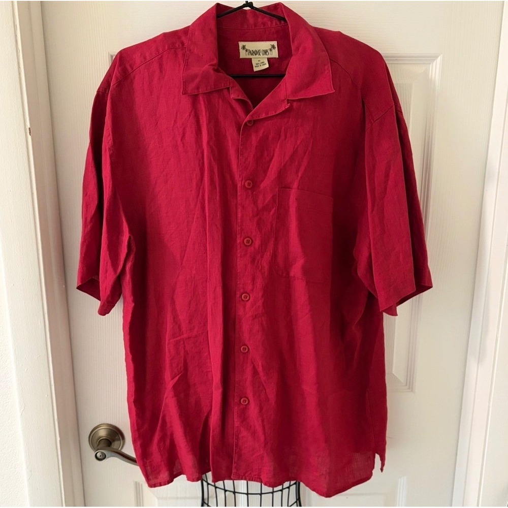 Paradise Coves Men's XL Red 100% Linen Short Sleeve Button-Up Camp Shirt